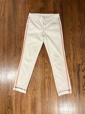 Anthropologie White Cropped Pants with Orange Side Stripes